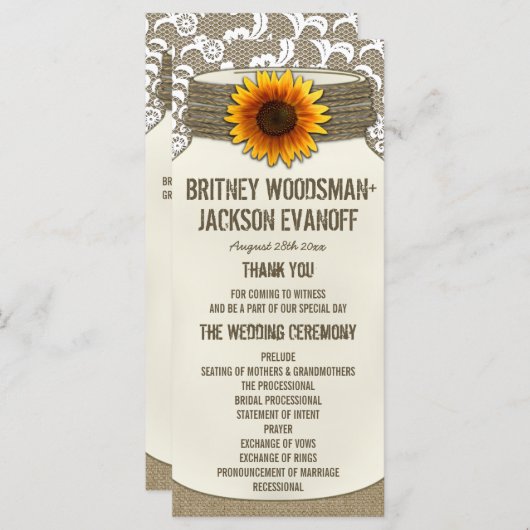 Burlap Lace Zonnebloem Mason Jar Trouwprogramma's Programmakaart (Voorkant / Achterkant)