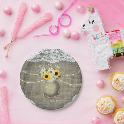 Burlap Lace Zonnebloemen & Daisies Mason Jar Bruil Papieren Bordje (Feest)