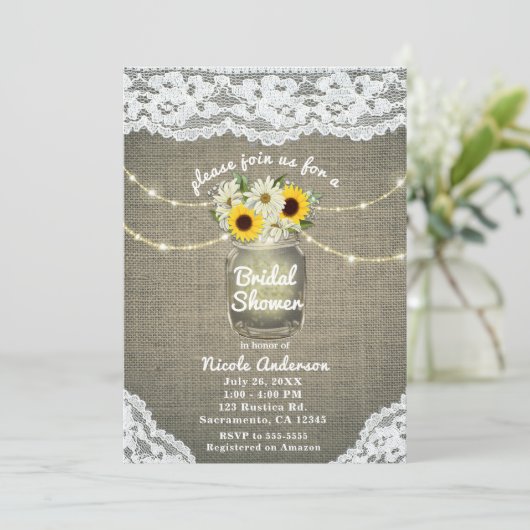 Burlap Lace Zonnebloemen & Daisies Mason Jar Rusti Kaart (Staand voorkant)