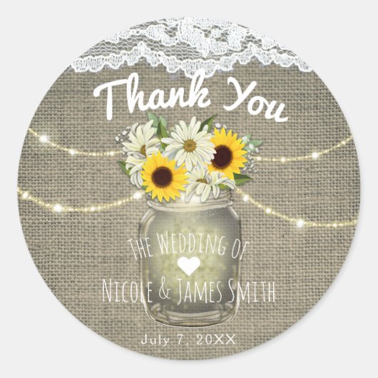 Burlap Lace Zonnebloemen & Daisies Mason Jar Rusti Ronde Sticker (Voorkant)