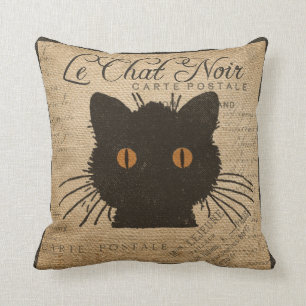 Burlap Le Chat Noir frans zwarte kat Kussen