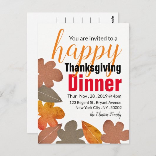 Burlap Leaf, Happy Thanksgiving Dinner Invitation Briefkaart (Voorkant / Achterkant)