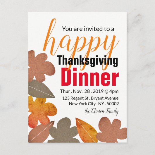 Burlap Leaf, Happy Thanksgiving Dinner Invitation Briefkaart (Voorkant)