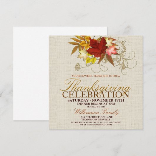 Burlap & Leaves Thanksgiving Dinner Invitation Kaart (Voorkant / Achterkant)