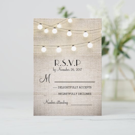 burlap lichten rustieke elegante bruiloft RSVP kaa (Staand voorkant)