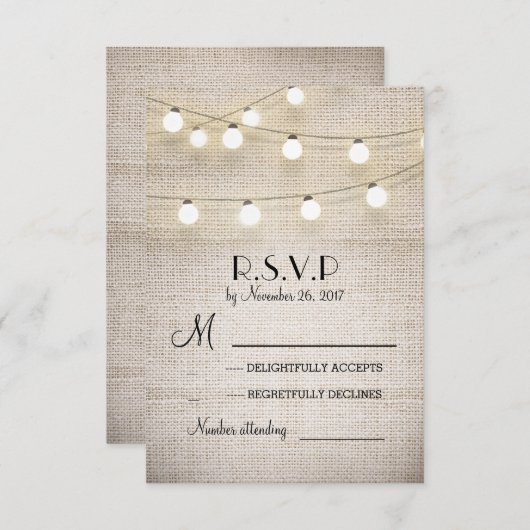 burlap lichten rustieke elegante bruiloft RSVP kaa (Voorkant / Achterkant)