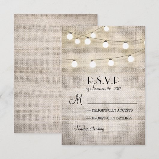burlap lichten rustieke elegante bruiloft RSVP kaa Kaartje (Voorkant / Achterkant)