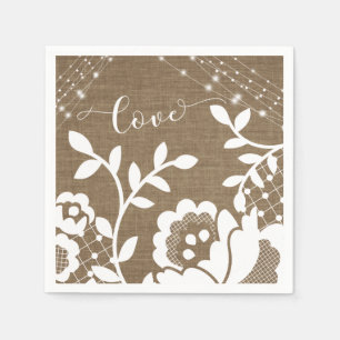 Burlap Lights & White Lace Love Typography Servet