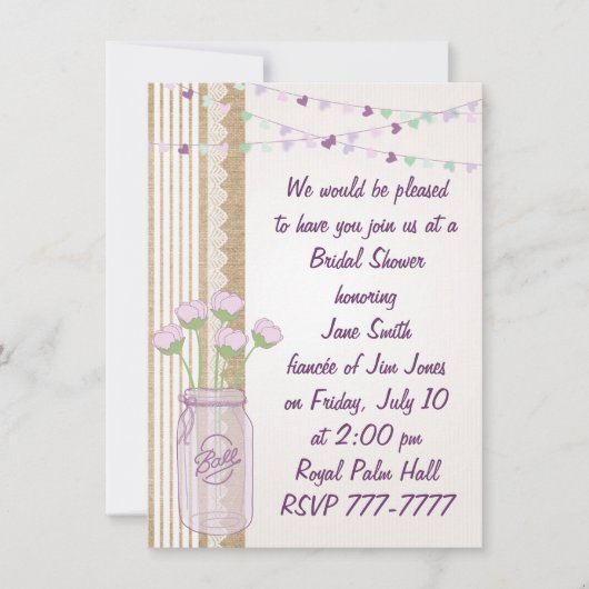 Burlap Lila Paars Mason Jar Vrijgezellenfeest Invi Kaart (Voorkant)