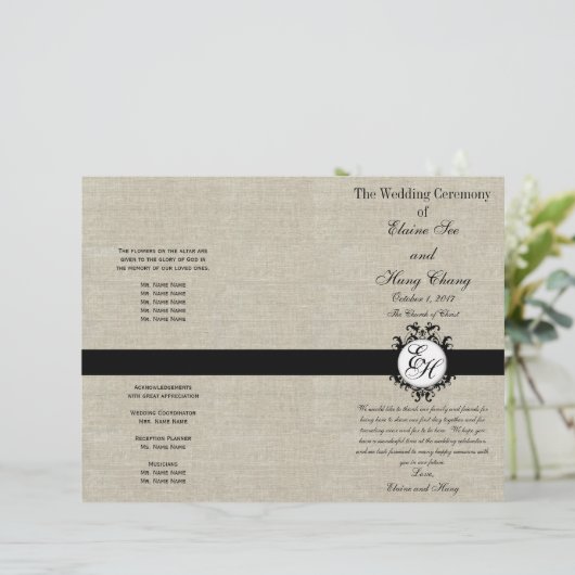 Burlap Linen Black Wedding Program Chic Monogram (Staand voorkant)