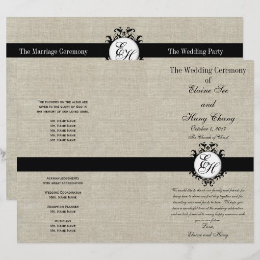 Burlap Linen Black Wedding Program Chic Monogram (Voorkant / Achterkant)