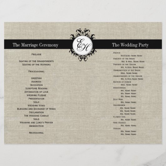 Burlap Linen Black Wedding Program Chic Monogram (Achterkant)