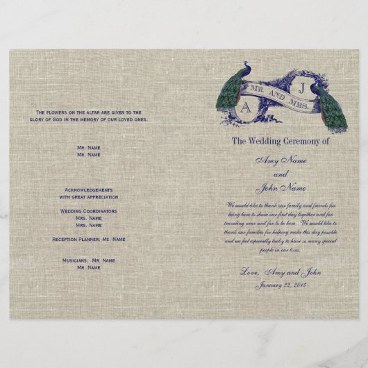 Burlap Linen Peacocks Rustic Wedding Programme (Voorkant)
