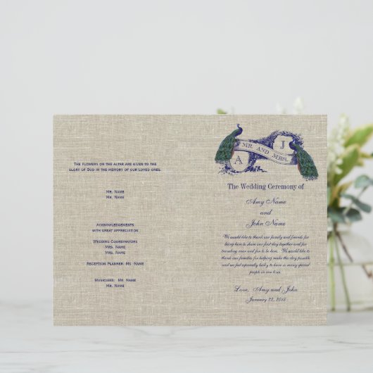 Burlap Linen Peacocks Rustic Wedding Programme (Staand voorkant)