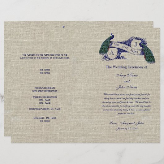 Burlap Linen Peacocks Rustic Wedding Programme (Voorkant / Achterkant)