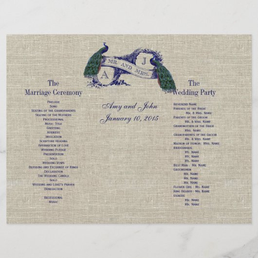 Burlap Linen Peacocks Rustic Wedding Programme (Achterkant)