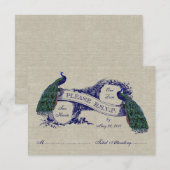 Burlap Linen Peacocks Rustic Wedding RSVP CARD Kaartje (Voorkant / Achterkant)