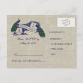Burlap linnen pauwen rustieke bruiloft RSVP Uitnodiging Briefkaart (Achterkant)