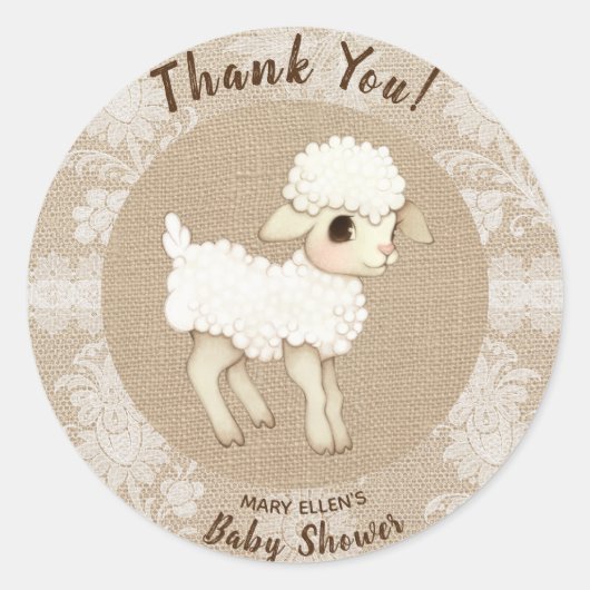 Burlap Little Lamb Baby shower Bedankt Sticker (Voorkant)