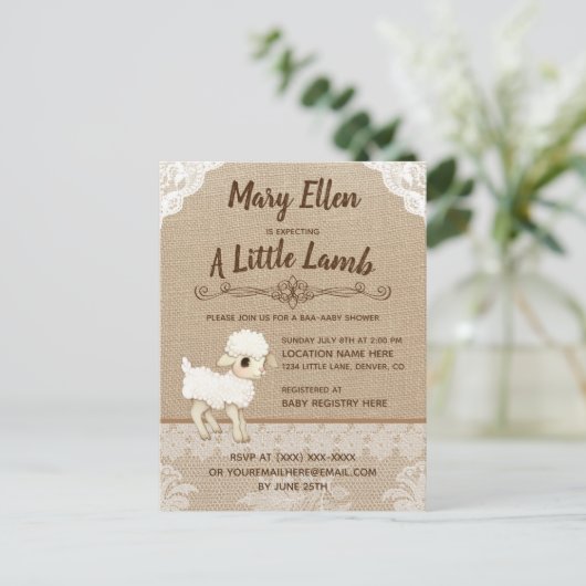 Burlap Little Lamb Baby shower Invitation Briefkaa Uitnodiging Briefkaart (Staand voorkant)