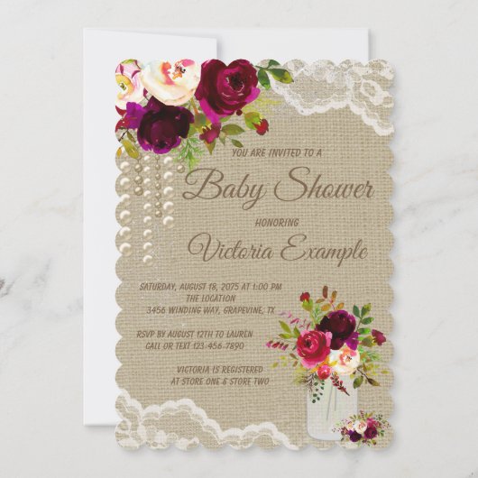 Burlap Mason Jar Baby Girl Douche Uitnodigingen (Achterkant)