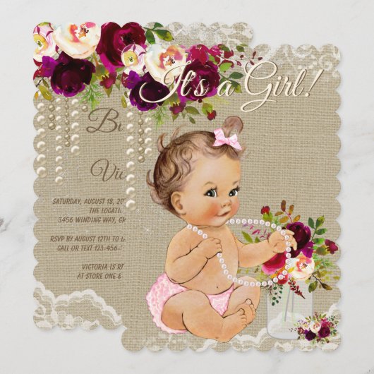 Burlap Mason Jar Baby Girl Douche Uitnodigingen (Voorkant / Achterkant)