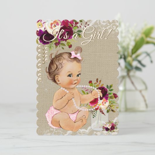 Burlap Mason Jar Baby Girl Douche Uitnodigingen (Staand voorkant)