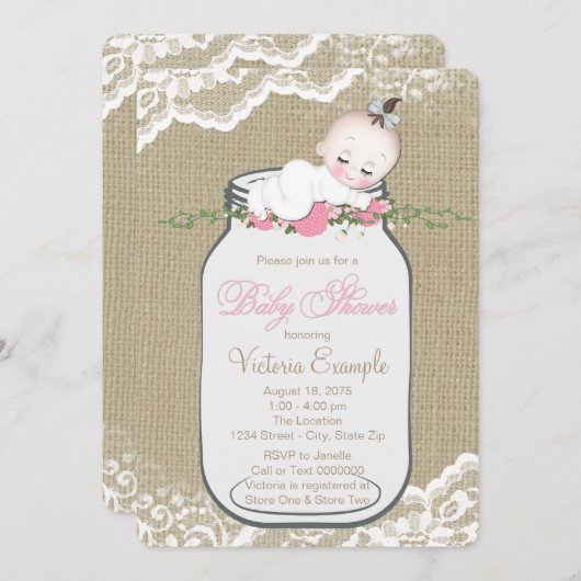 Burlap Mason Jar-Baby shower Kaart (Voorkant / Achterkant)