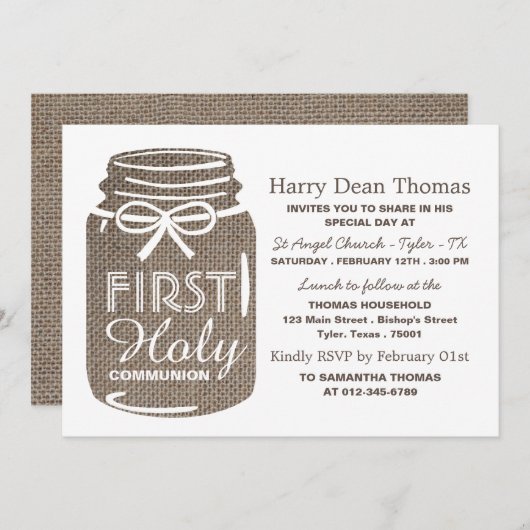 Burlap Mason Jar, Eerste Heilige Communie Aankondiging (Voorkant / Achterkant)