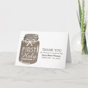 Burlap Mason Jar, Eerste Heilige Communie Dank je Kaart