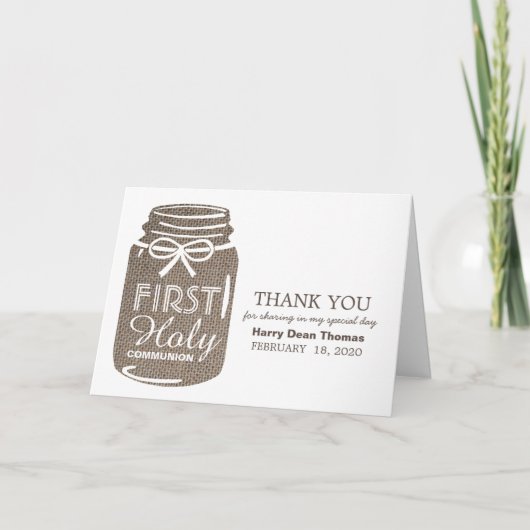 Burlap Mason Jar, Eerste Heilige Communie Dank u Kaart (Voorkant)