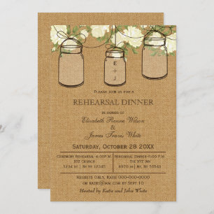 Burlap Mason Jar Ivory Floral Rehearsal Dinner Kaart