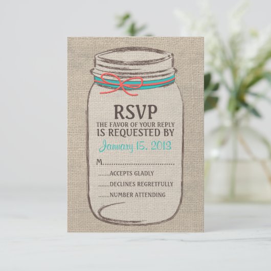 Burlap Mason Jar rustieke RSVP kaart (Staand voorkant)