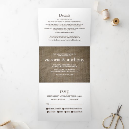 Burlap Mason Jar Wedding Suite Drieluik Uitnodiging (Binnen)