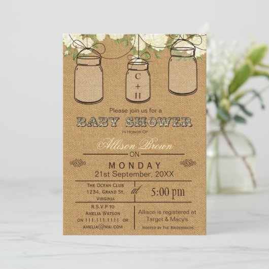 Burlap, Mason Jars, Rustic baby shower Invites Kaart (Staand voorkant)