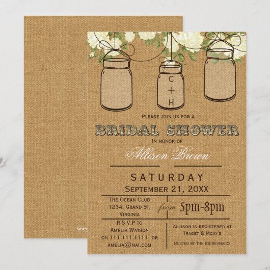 Burlap, Mason Jars, Rustic vrijgezellenfeest Invit Kaart (Voorkant / Achterkant)