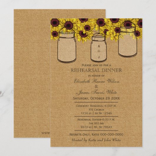 Burlap Mason Jars Sunflower Rehearsal Dinner Kaart (Voorkant / Achterkant)