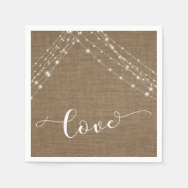 Burlap met witte lichtsnaren en liefdestypografie servet