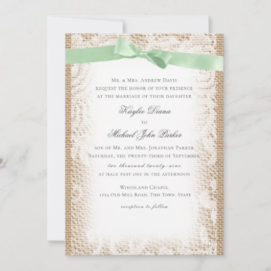 Burlap Mint Green Bow en White Lace Kaart (Voorkant)