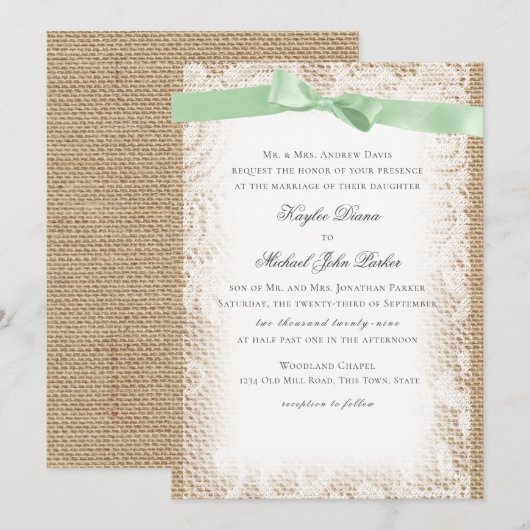 Burlap Mint Green Bow en White Lace Kaart (Voorkant / Achterkant)