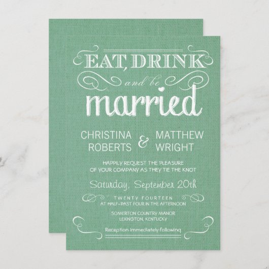 Burlap Mint Green Rustic Wedding Invitations Kaart (Voorkant / Achterkant)
