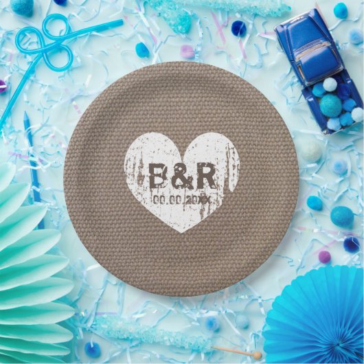 Burlap  monogram bbq bruiloft papier borden papieren bordje (Feest)