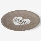 Burlap  monogram bbq bruiloft papier borden papieren bordje (Gekanteld)