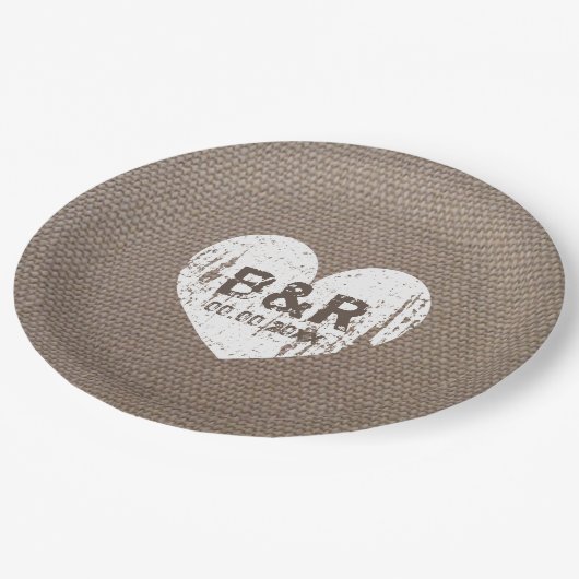 Burlap  monogram bbq bruiloft papier borden papieren bordje (Gekanteld)