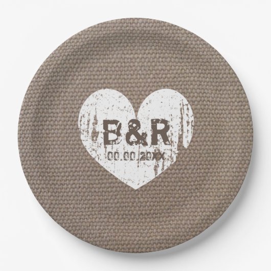 Burlap  monogram bbq bruiloft papier borden papieren bordje (Voorkant)