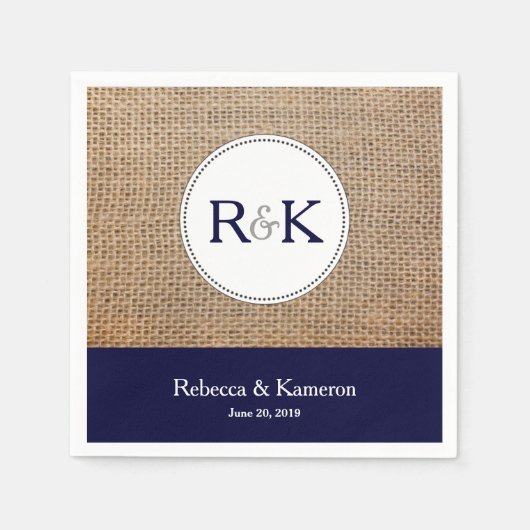 Burlap & Navy Blauw Monogrammed Bruiloft Servetten (Voorkant)