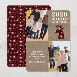 Burlap Oh Deer Plaid Snowflakes Photo Feestdagenkaart
