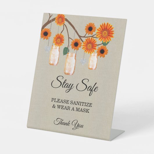 Burlap Oranje Floral Mason Jar Wedding Safety Reclamebord Met Voetstuk (Voorkant)