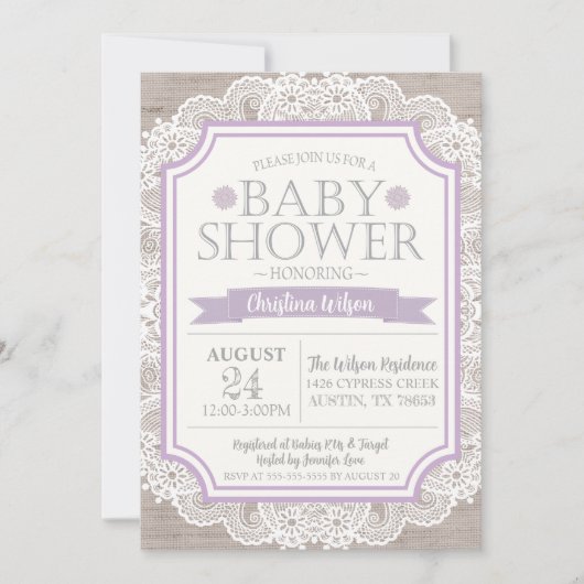 Burlap Paars & Lace Baby shower Invitation Kaart (Voorkant)