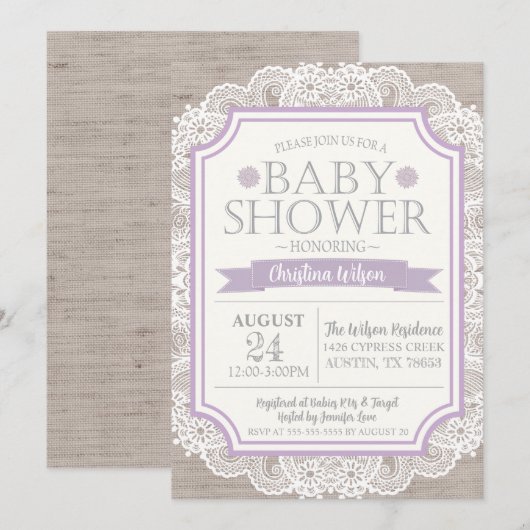 Burlap Paars & Lace Baby shower Invitation Kaart (Voorkant / Achterkant)